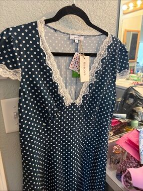 RIHOAS Navy & White Polka Dot Lace-Trim maxi